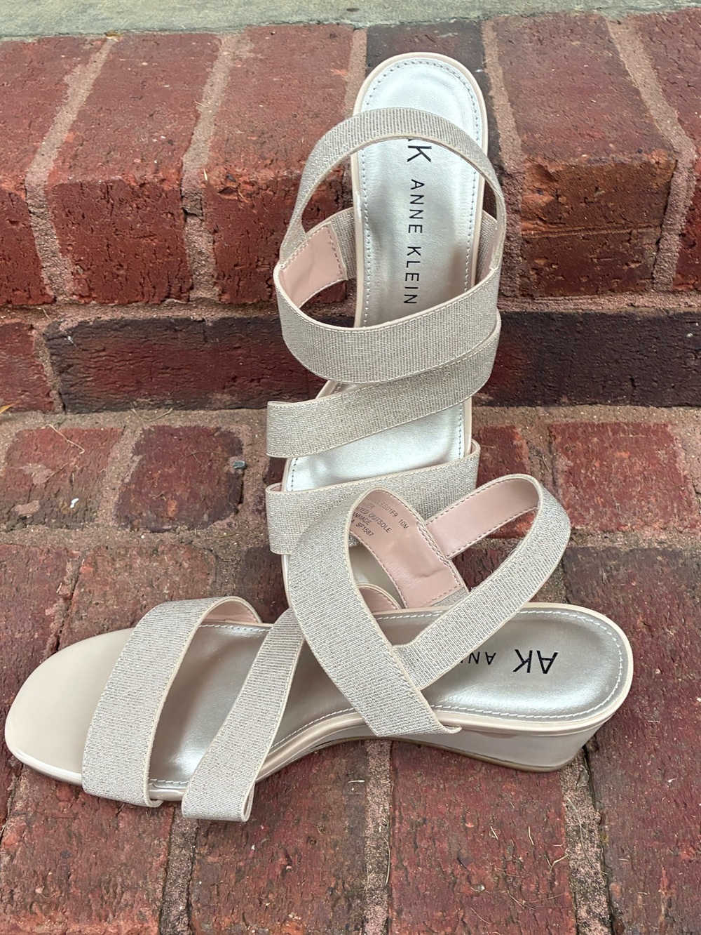 Anne Klein Flex Neutral Beige Elastic Strap Wedge Sandals